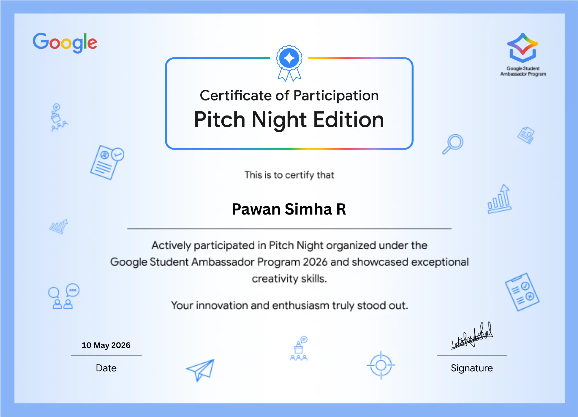 Certificate of Participation - Pitch Night